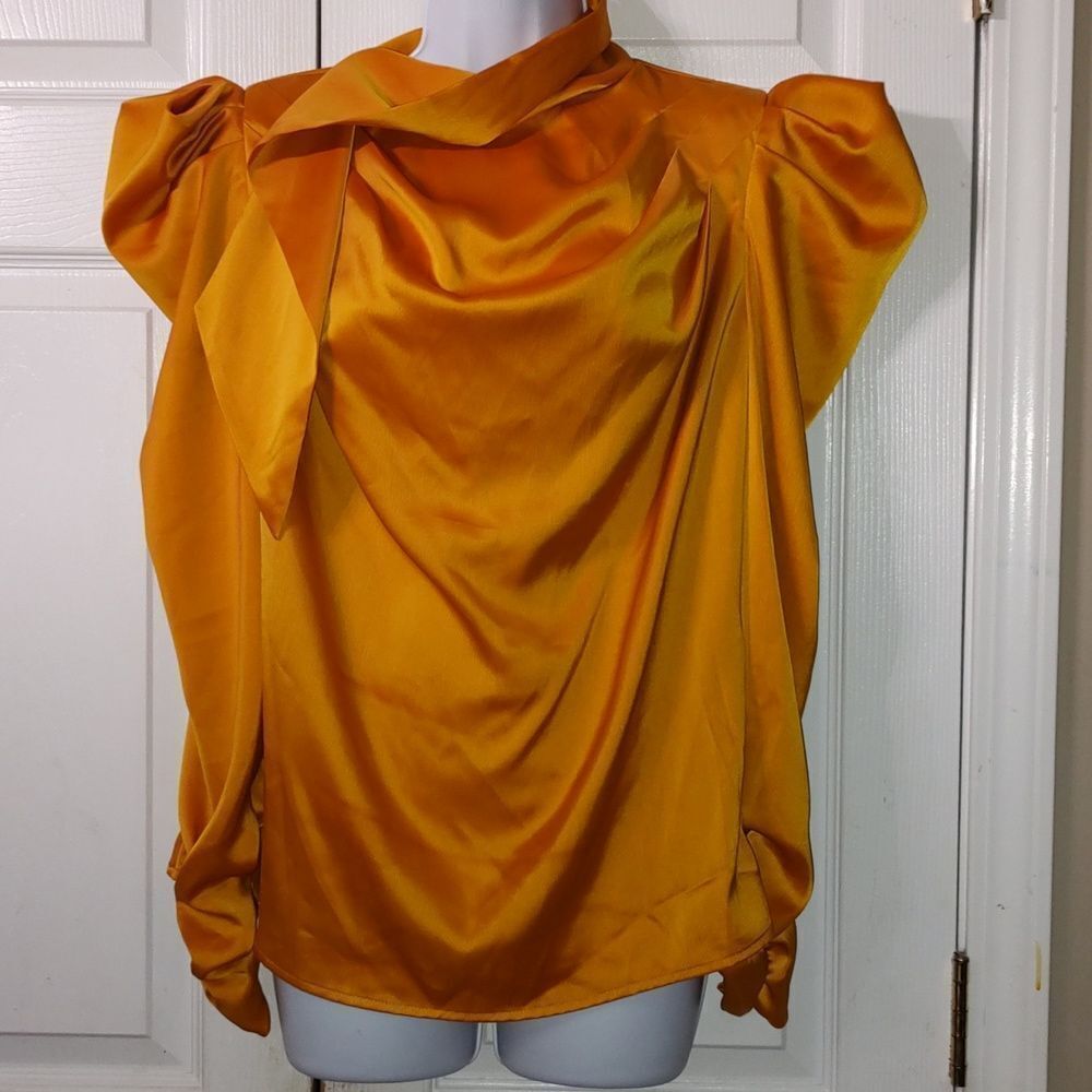 Kosmios Vintage Inspired  Drape neck Gold Long Sleeve Blouse SZ M NWOT